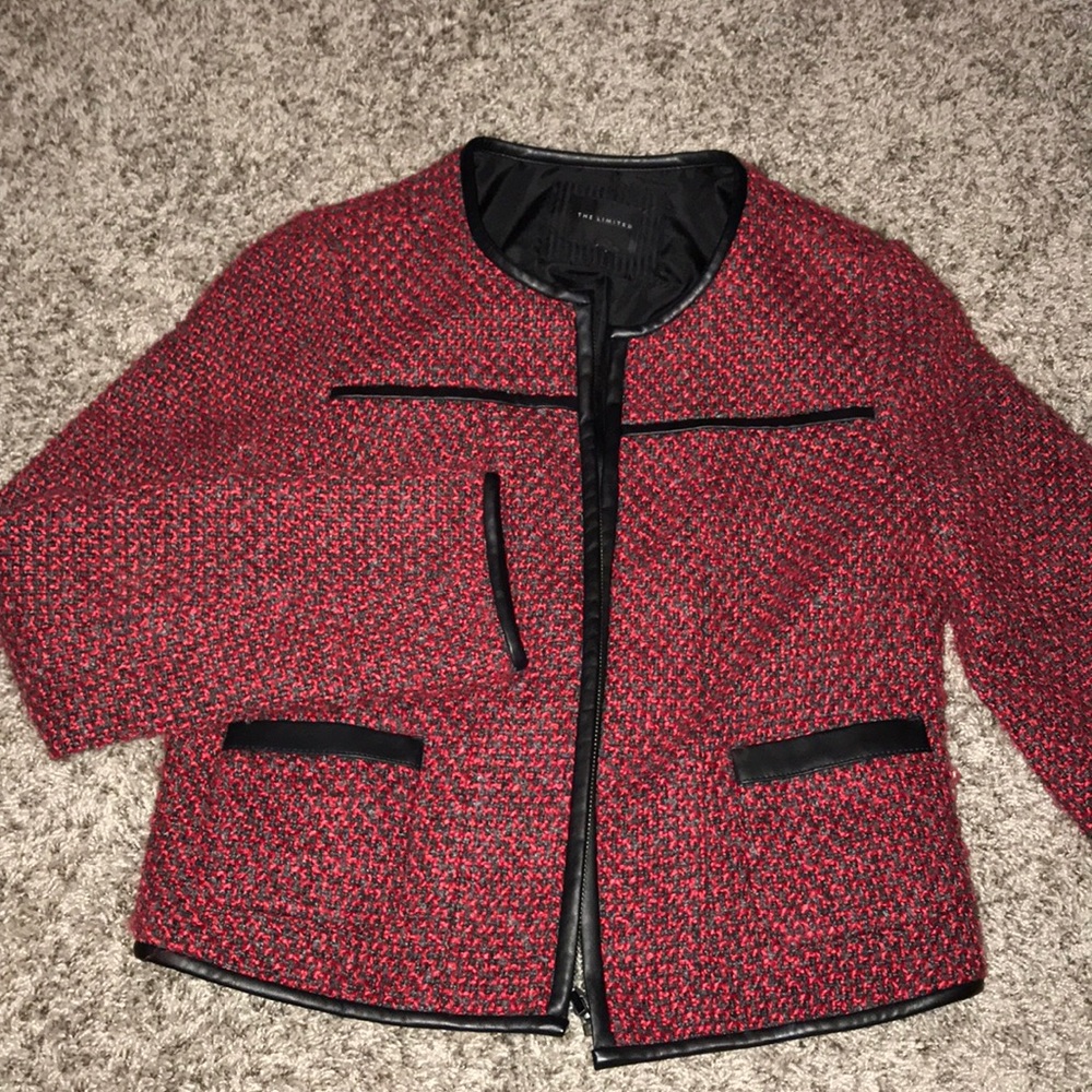 Leather trim red herringbone jacket
